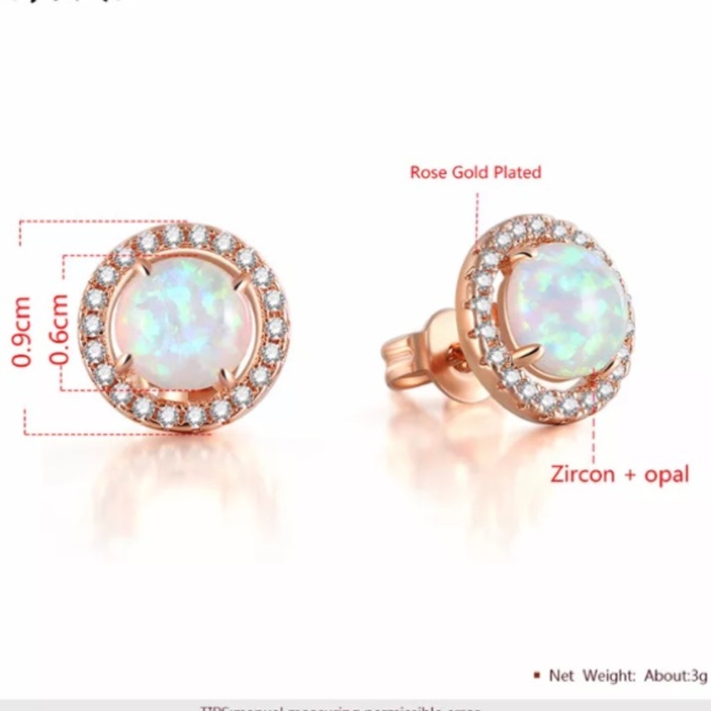Rose Gold Round White Opal Halo Stud Earrings - Picture 6 of 6
